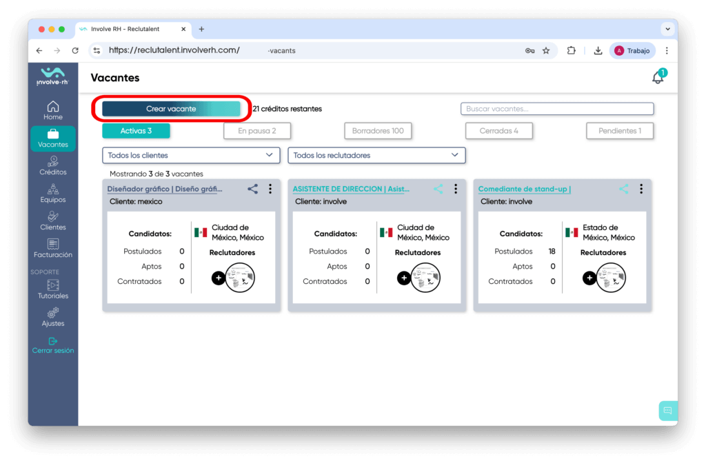 Paso 3 del proceso de reclutamiento en la plataforma Involve RH