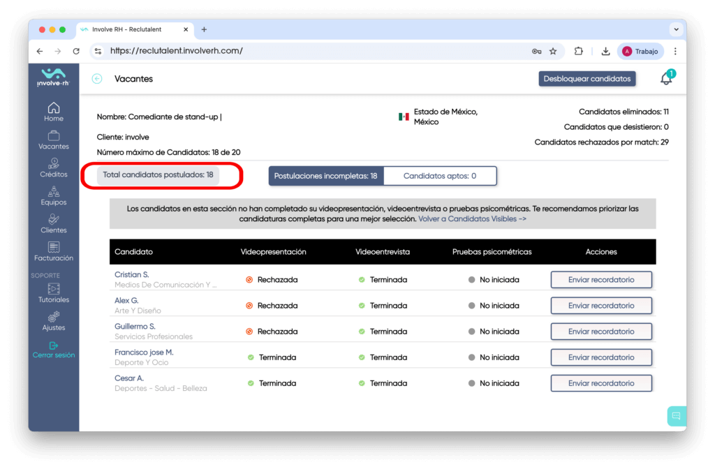 Paso 6 del proceso de reclutamiento en la plataforma Involve RH